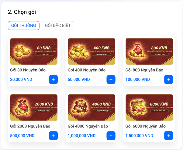 Màn hình chọn gói/vật phẩm của tính năng mua một vật phẩm trên PC