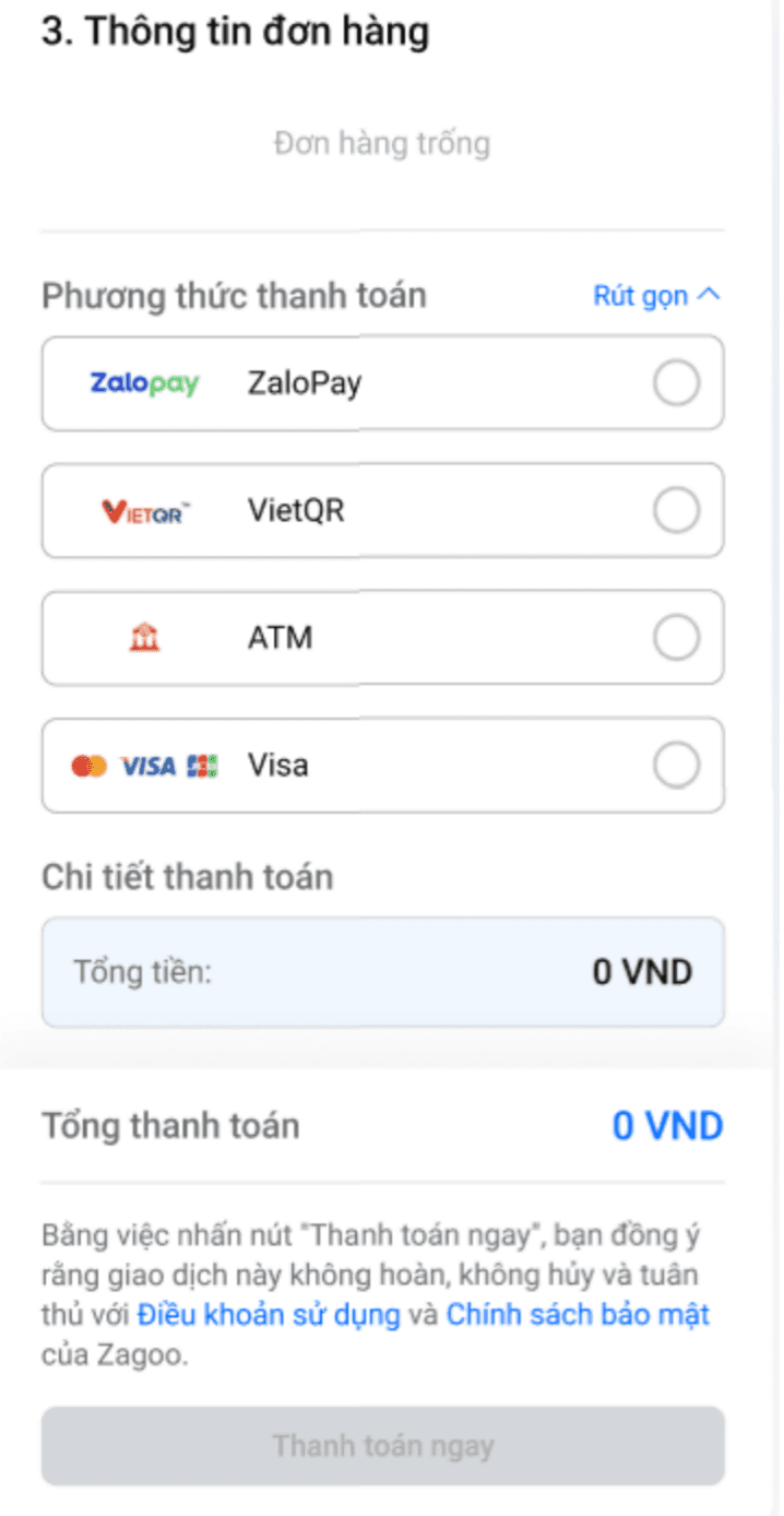 Màn hình chọn phương thức thanh toán ở tính năng mua một vật phẩm