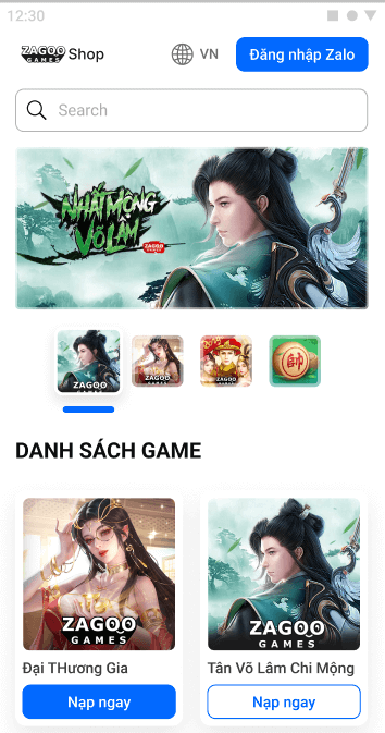 Màn hình trang chủ của Zagoo payment trên Mobile