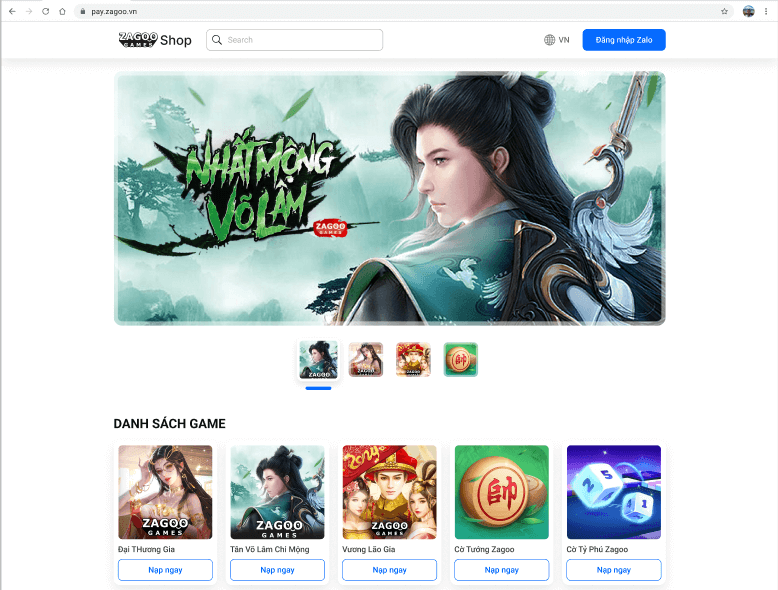 Màn hình trang chủ của Zagoo payment trên PC