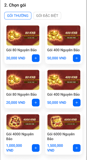 Màn hình chọn gói/vật phẩm của tính năng mua một vật phẩm trên Mobile