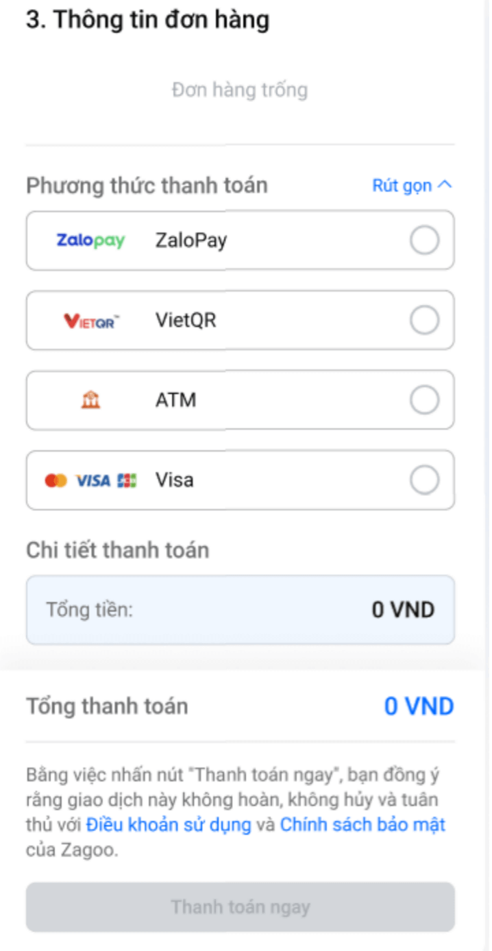 Màn hình chọn phương thức thanh toán ở tính năng mua một vật phẩm